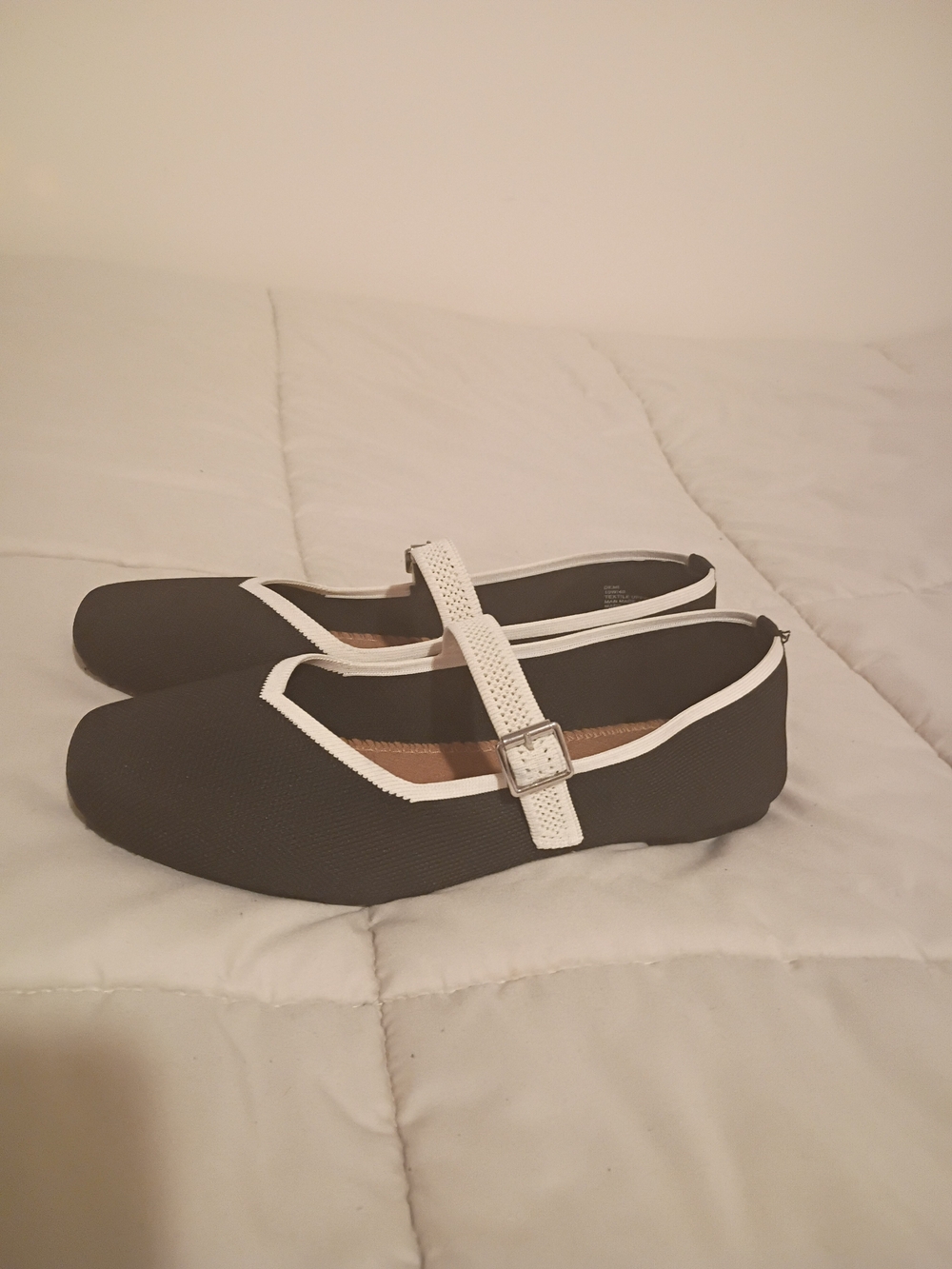me too Black Flats with White Mary Jane Strap